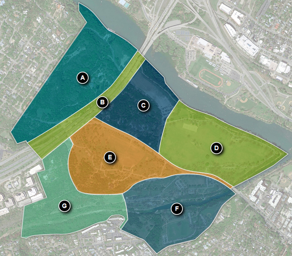 Zilker Park map with Zones A to G