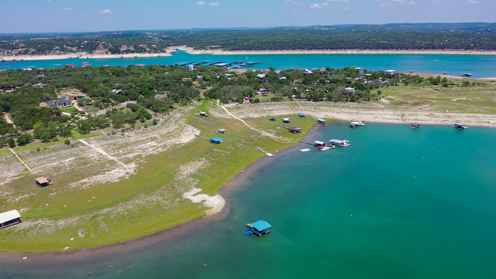 Lake Travis aerial shot showing low lake levels