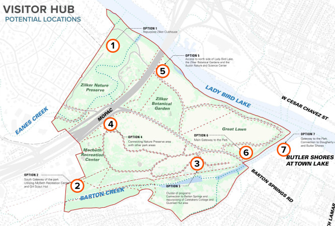 Zilker Map with possible visitor hub locations