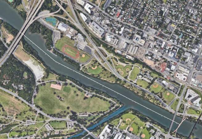 Overhead image showing distance between bridges over Lady Bird Lake