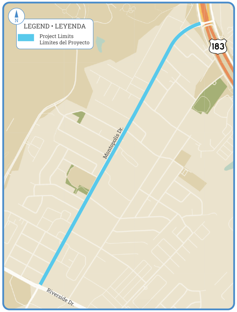 Map indicating project limits from E. Riverside to US 183 along Montopolis Drive.
